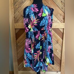 white birch Navy Tropical Print Romper with Pink and Yellow Accents